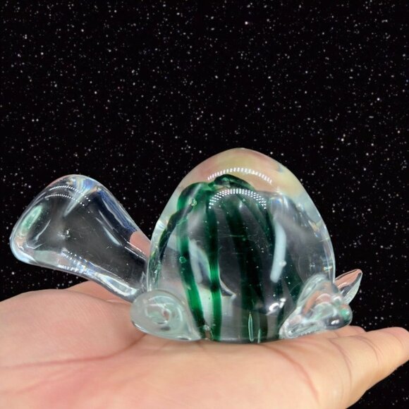 Clear Art Glass Turtle Figurine Paperweight With Green Swirls Clear Bottom Glass - Picture 1 of 14